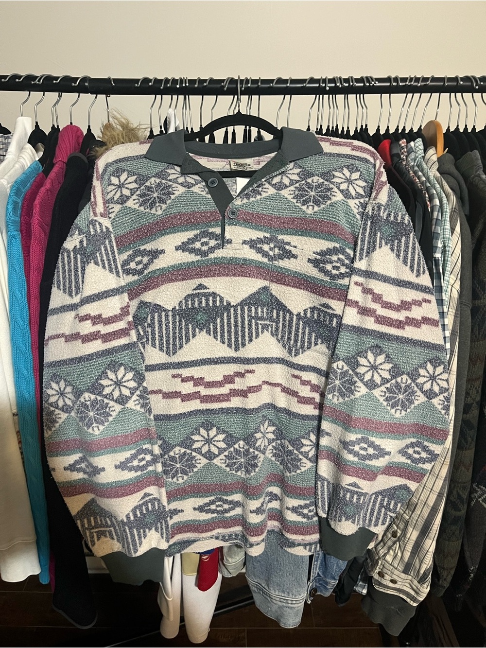Urban Outfitters Cream, Teal, Gray, Mauve Geometric Knit Polo